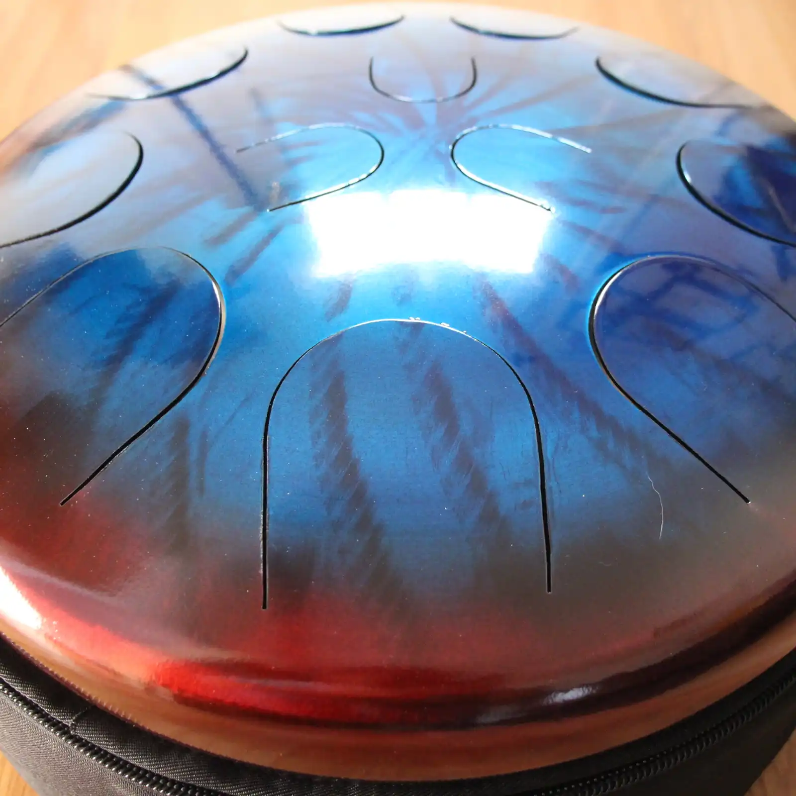 Thumbnail: Ajna 16" 12 Tone Steel Tongue Drum Candy Red/Candy Blue E Hijaz