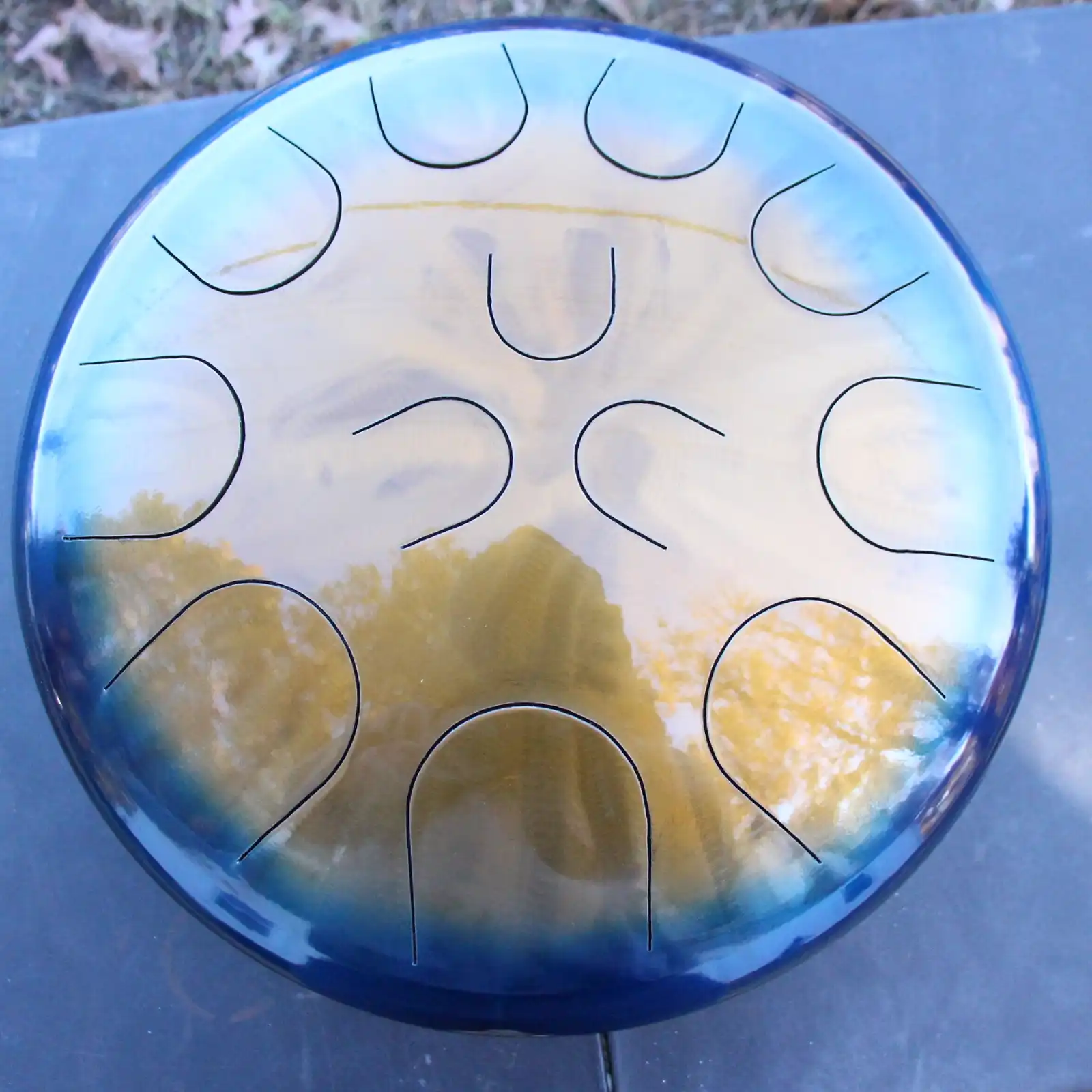 Thumbnail: Ajna 16" 12 Tone Steel Tongue Drum Candy Blue Candy Gold Burst F Lydian