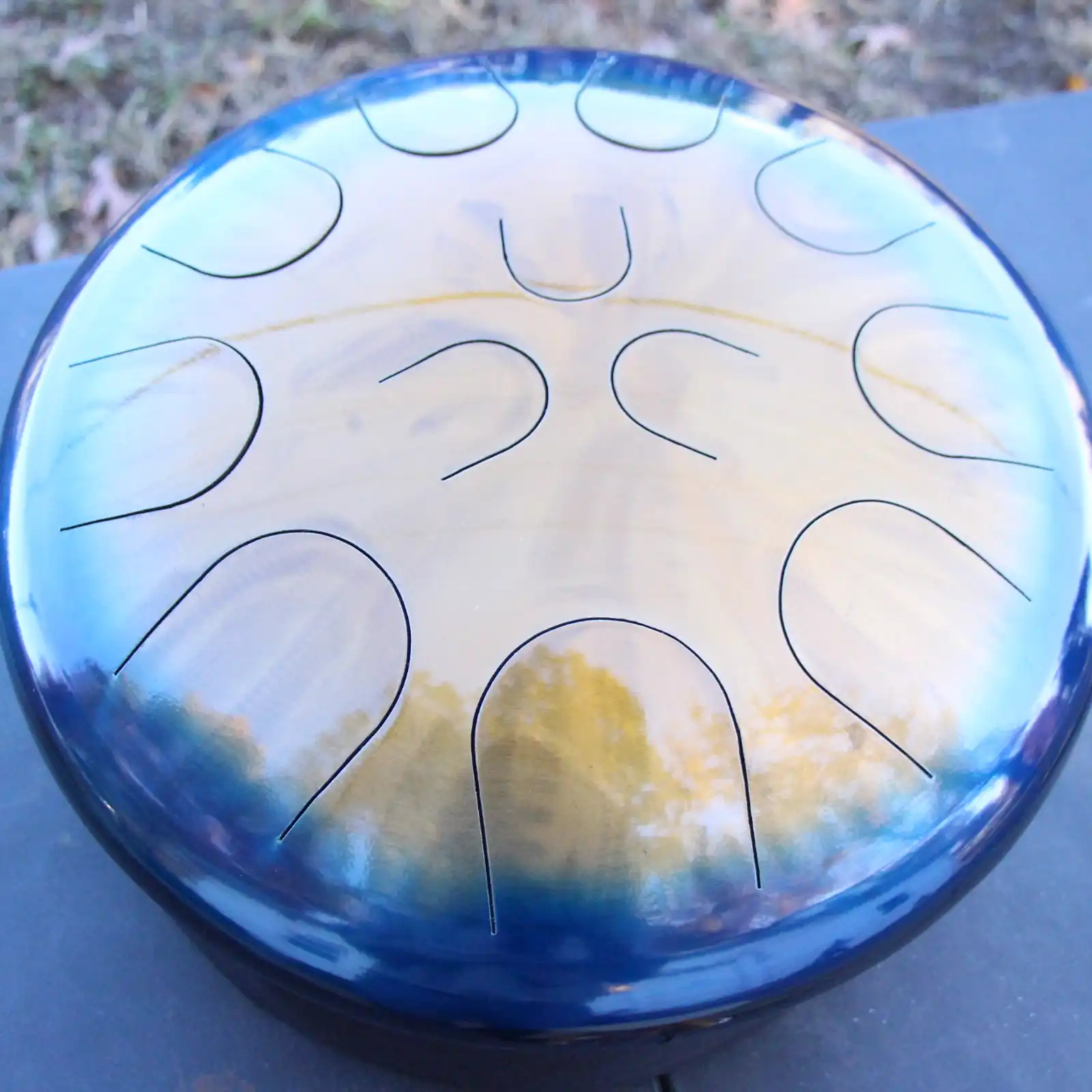 Thumbnail: Ajna 16" 12 Tone Steel Tongue Drum Candy Blue Candy Gold Burst F Lydian