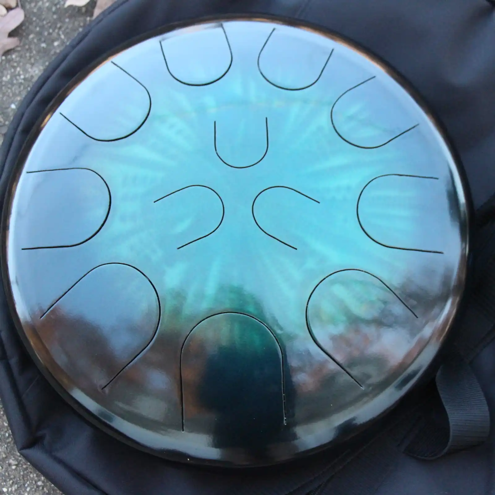 Thumbnail: Ajna 16" 12 Tone Steel Tongue Drum Black Teal Burst E Hijaz