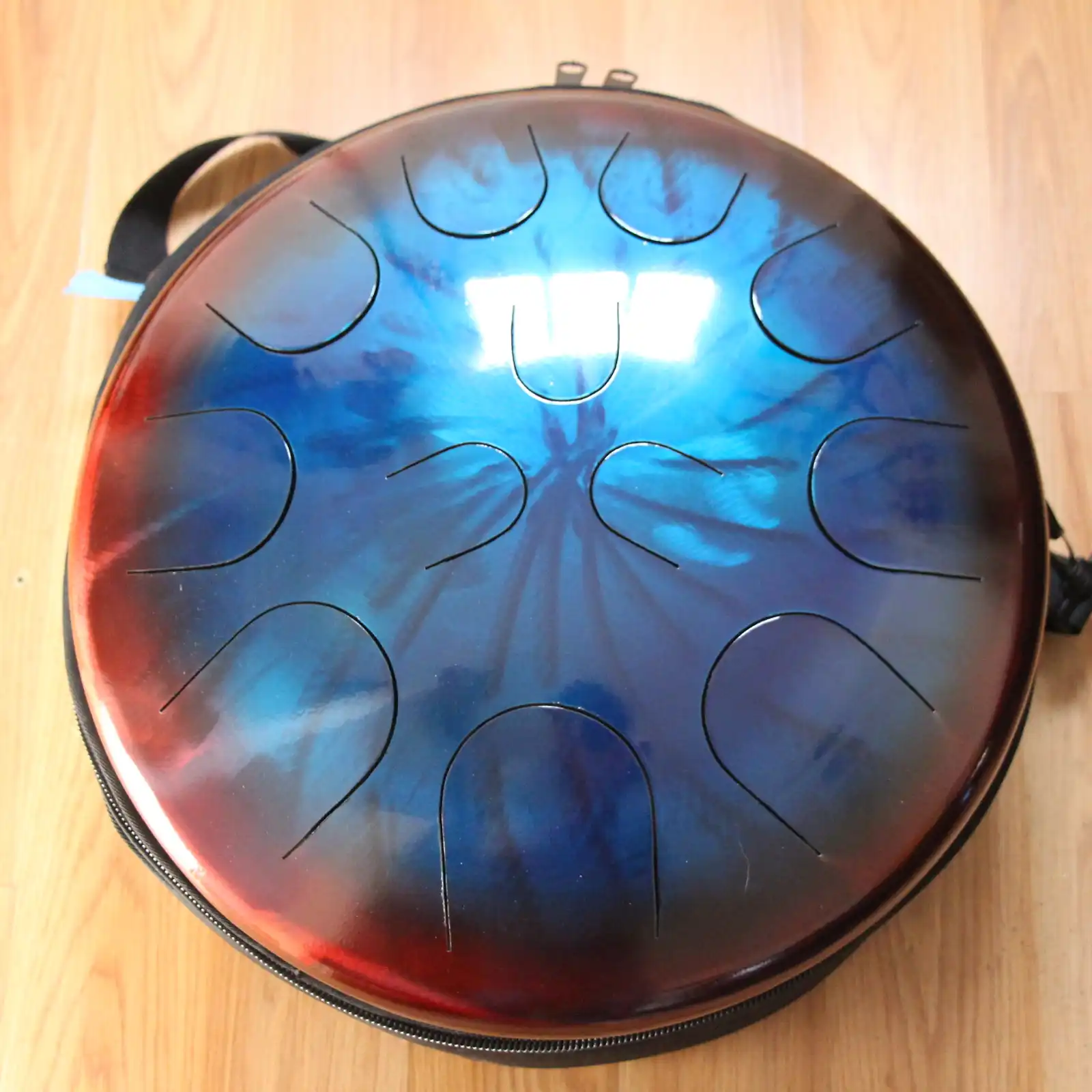 Thumbnail: Ajna 16" 12 Tone Steel Tongue Drum Candy Red/Candy Blue E Hijaz