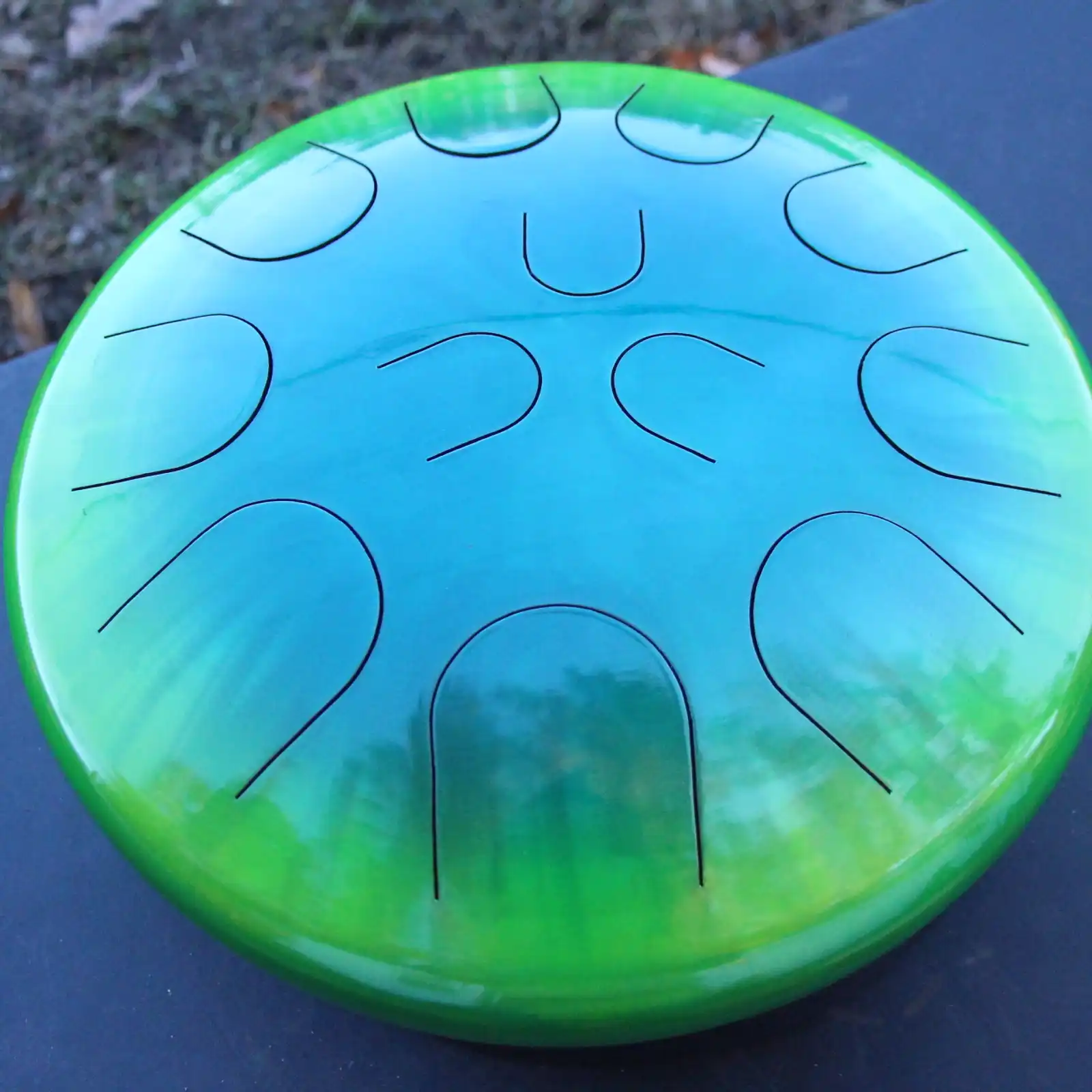 Thumbnail: Ajna 16" 12 Tone Steel Tongue Drum Candy Lime Teal Burst E Hijaz
